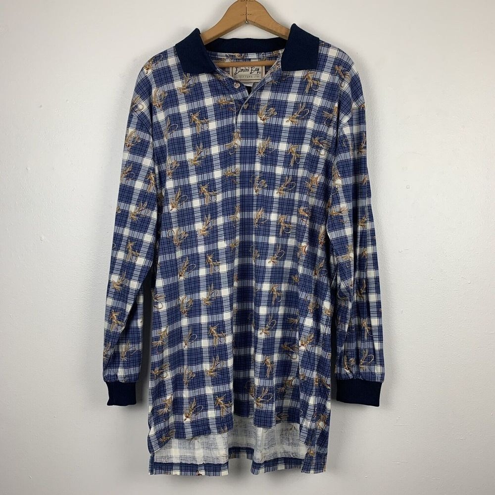 Bimini Bay Fishing Flies Plaid Polo Shirt Men's Large Long Sleeve Outdoor Casual